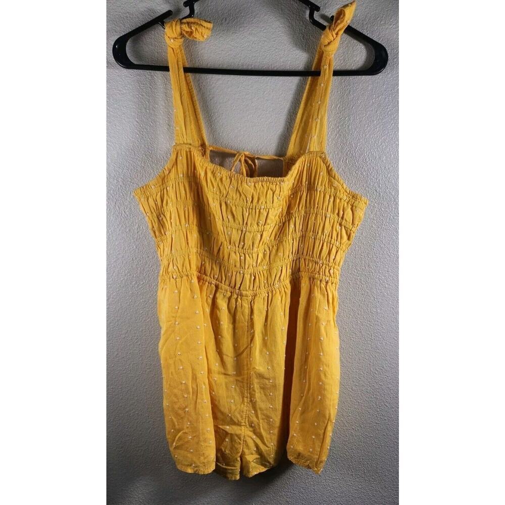 Urban Outfitters Romper Womens Medium Yellow Cleo Embroidered Tie-Back Smocked